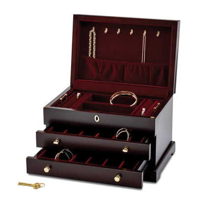 Luxury Giftware Matte Mahogany Finish Poplar Veneer 2-drawer Locking Wooden Jewelry Box