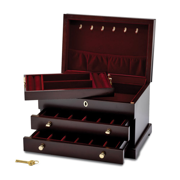 Luxury Giftware Matte Mahogany Finish Poplar Veneer 2-drawer Locking Wooden Jewelry Box