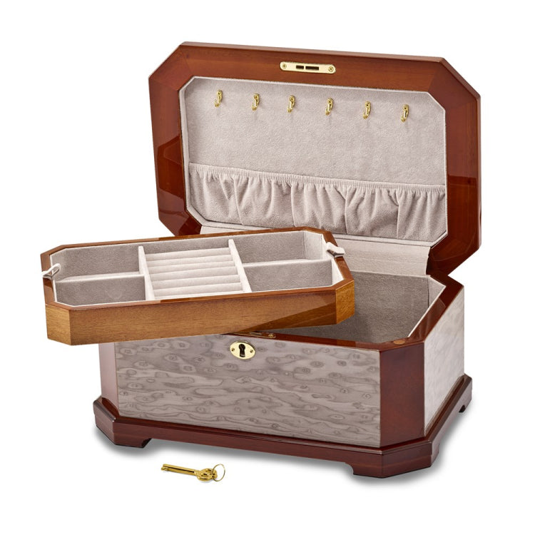 Luxury Giftware High Gloss Cat Eye Burl Veneer w/Blue and Red Sapele Inlay Locking Wooden Jewelry Box