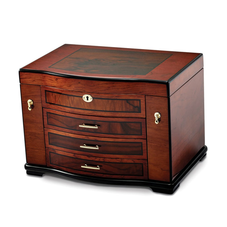Luxury Giftware High Gloss Poplar Veneer w/Burlwood Inlay 3-drawer with Swing-out Sides Locking Wooden Jewelry Chest