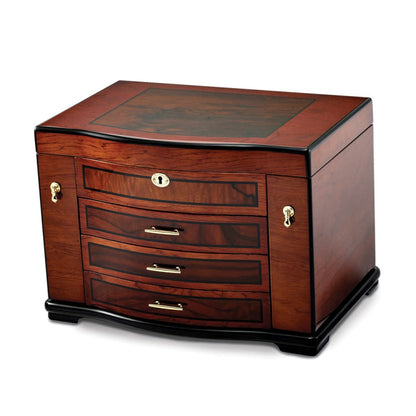 Luxury Giftware High Gloss Poplar Veneer w/Burlwood Inlay 3-drawer with Swing-out Sides Locking Wooden Jewelry Chest
