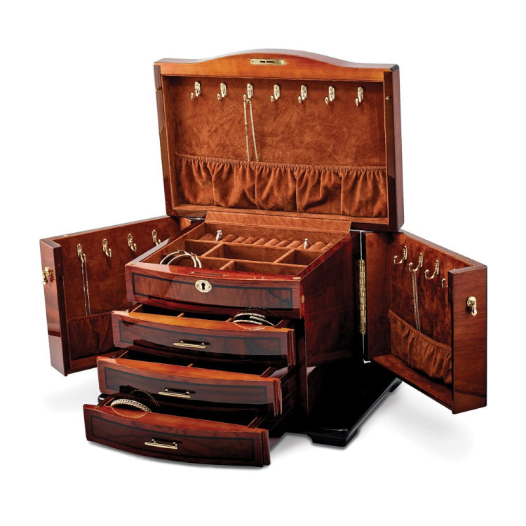 Luxury Giftware High Gloss Poplar Veneer w/Burlwood Inlay 3-drawer with Swing-out Sides Locking Wooden Jewelry Chest