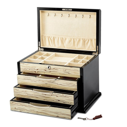 Luxury Giftware Black Oak Veneer w/Iced Maple Veneer 3-drawer Locking Wooden Jewelry Chest